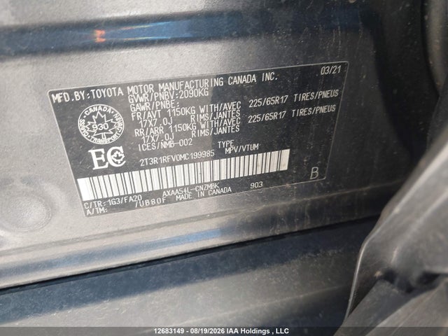 12683149 :رقم المزاد ، 2T3R1RFV0MC199985 vin ، 2021 Toyota Rav4 Xle/xle Premium مزاد بيع