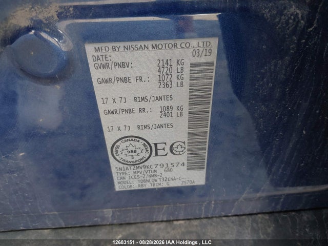 5N1AT2MV9KC791574 Nissan Rogue S/sl/sv