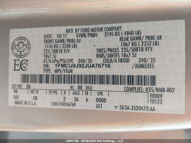 12683156 :رقم المزاد ، 1FMCU9J92JUA76716 vin ، 2018 Ford Escape Titanium مزاد بيع