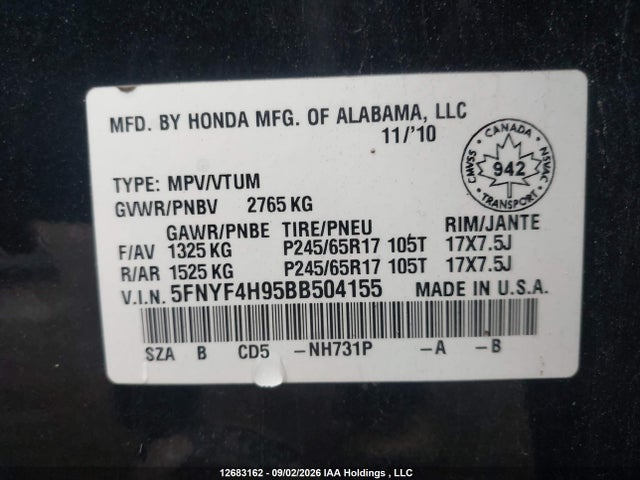 2011 Honda Pilot Touring მანქანა იყიდება აუქციონზე, vin: 5FNYF4H95BB504155, აუქციონის ნომერი: 12683162