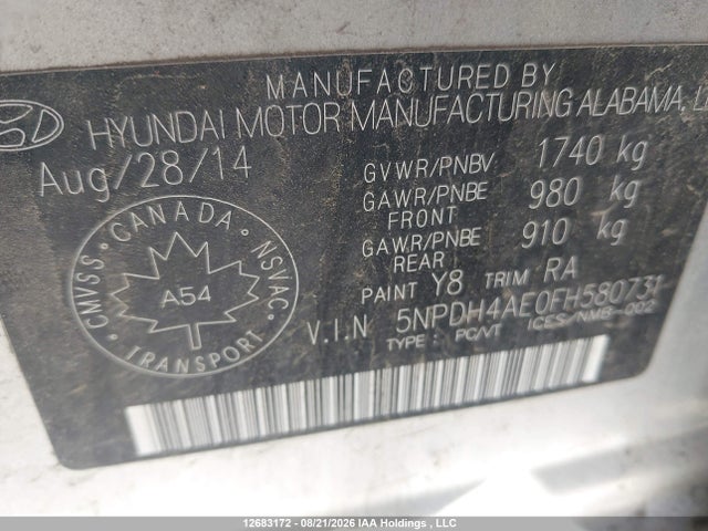 Hyundai Elantra 2015 5NPDH4AE0FH580731 Image 9