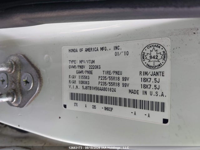 12683173 :رقم المزاد ، 5J8TB1H56AA801624 vin ، 2010 Acura Rdx Technology مزاد بيع