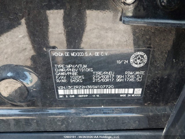 2025 Honda Hr-v მანქანა იყიდება აუქციონზე, vin: 3CZRZ2H36SM107720, აუქციონის ნომერი: 12683181