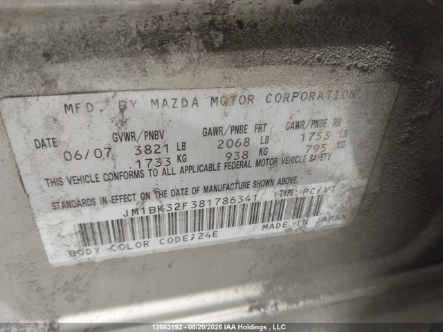 Продажа на аукционе авто 2008 Mazda 3 I, vin: JM1BK32F381786341, номер лота: 12683192