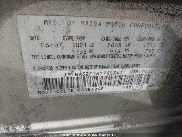 Продажа на аукционе авто 2008 Mazda 3 I, vin: JM1BK32F381786341, номер лота: 12683192