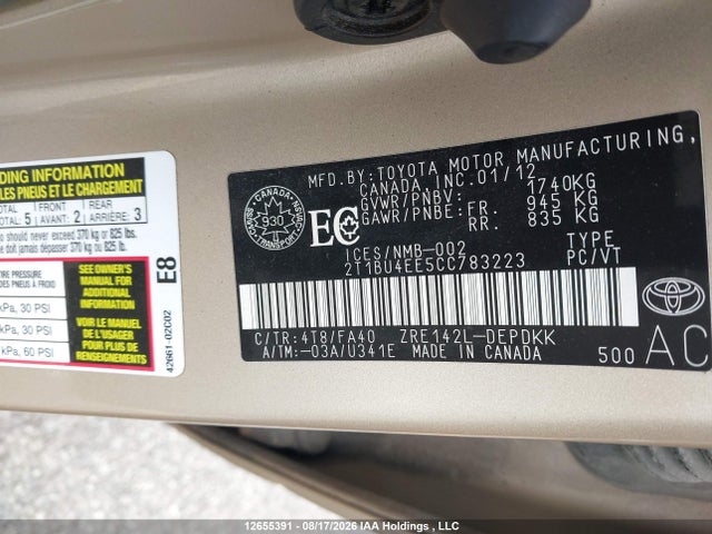 Aukcja sprzedaży 2012 Toyota Corolla Ce, vin: 2T1BU4EE5CC783223, numer aukcji: 12655391