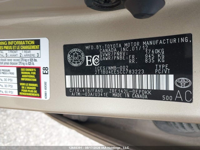 Aukcja sprzedaży 2012 Toyota Corolla Ce, vin: 2T1BU4EE5CC783223, numer aukcji: 12655391