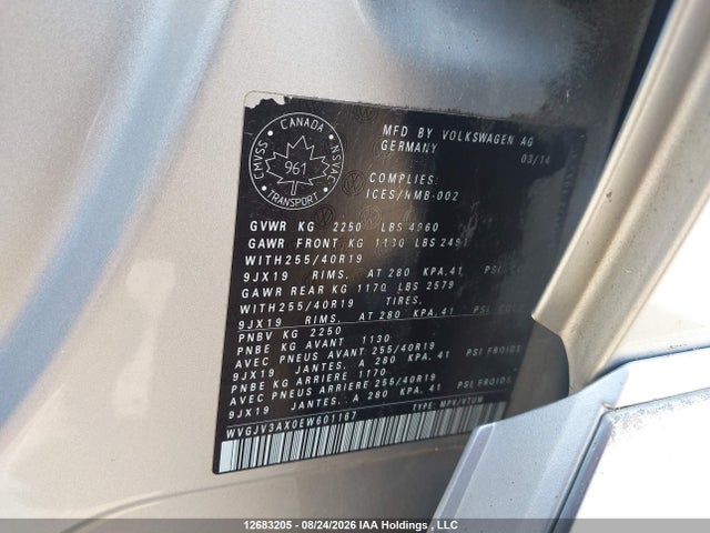 12683205 :رقم المزاد ، WVGJV3AX0EW601167 vin ، 2014 Volkswagen Tiguan S/se/sel/r-line مزاد بيع