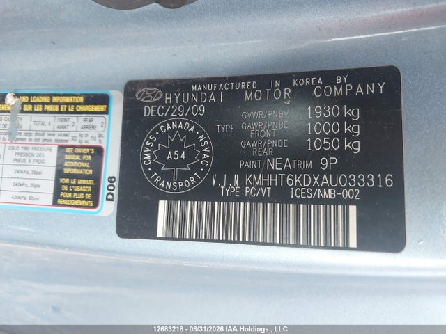 2010 Hyundai Genesis 2.0t მანქანა იყიდება აუქციონზე, vin: KMHHT6KDXAU033316, აუქციონის ნომერი: 12683218