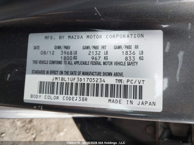 Продажа на аукционе авто 2013 Mazda 3 I, vin: JM1BL1UF3D1705234, номер лота: 12683219