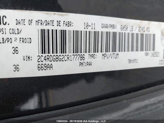 Продаж на аукціоні авто 2012 Dodge Grand Caravan Se, vin: 2C4RDGBG2CR177786, номер лоту: 12683224