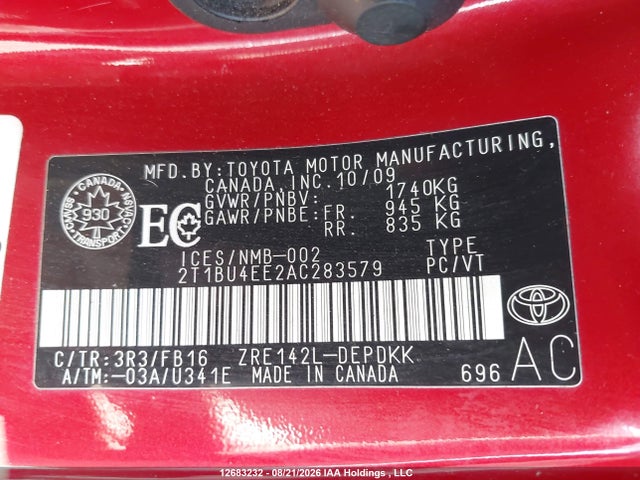 Auction sale of the 2010 Toyota Corolla S/le/xle, vin: 2T1BU4EE2AC283579, lot number: 12683232