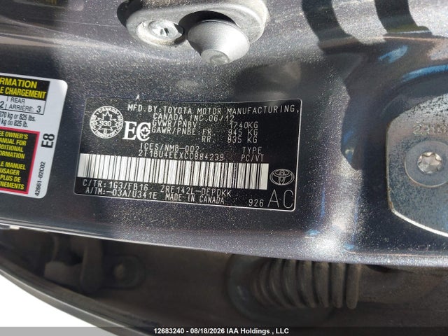 2012 Toyota Corolla Ce მანქანა იყიდება აუქციონზე, vin: 2T1BU4EEXCC884239, აუქციონის ნომერი: 12683240