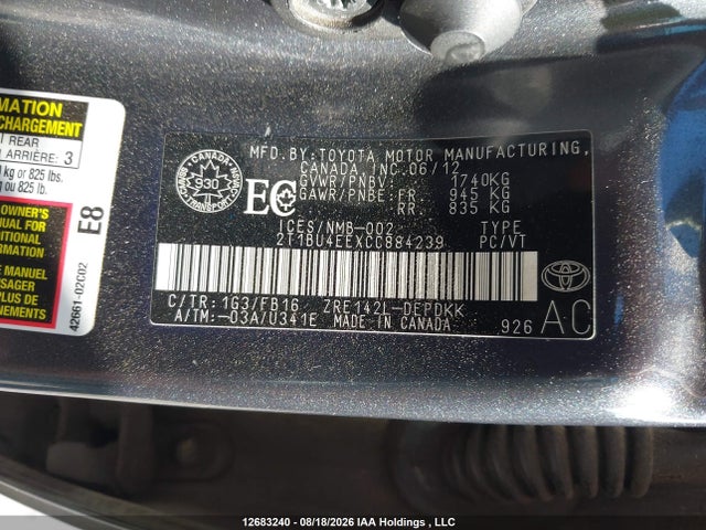 2012 Toyota Corolla Ce მანქანა იყიდება აუქციონზე, vin: 2T1BU4EEXCC884239, აუქციონის ნომერი: 12683240