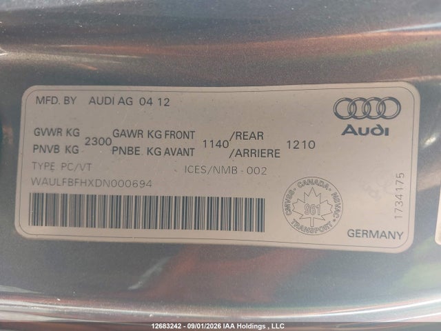 Aukcja sprzedaży 2013 Audi A5 Premium, vin: WAULFBFHXDN000694, numer aukcji: 12683242