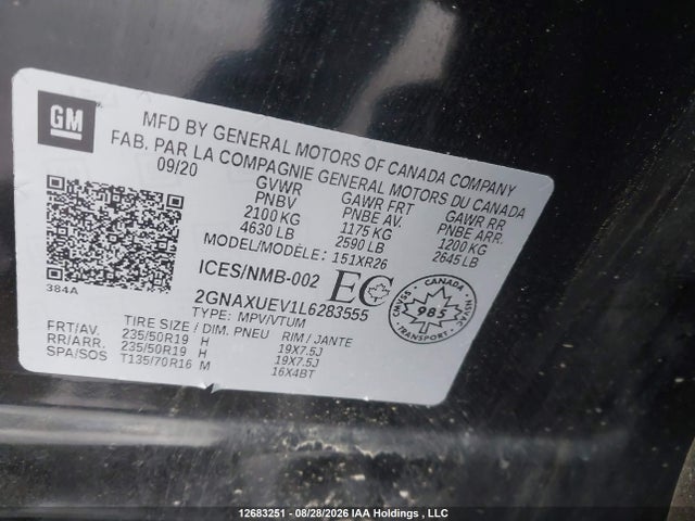 2020 Chevrolet Equinox Lt მანქანა იყიდება აუქციონზე, vin: 2GNAXUEV1L6283555, აუქციონის ნომერი: 12683251