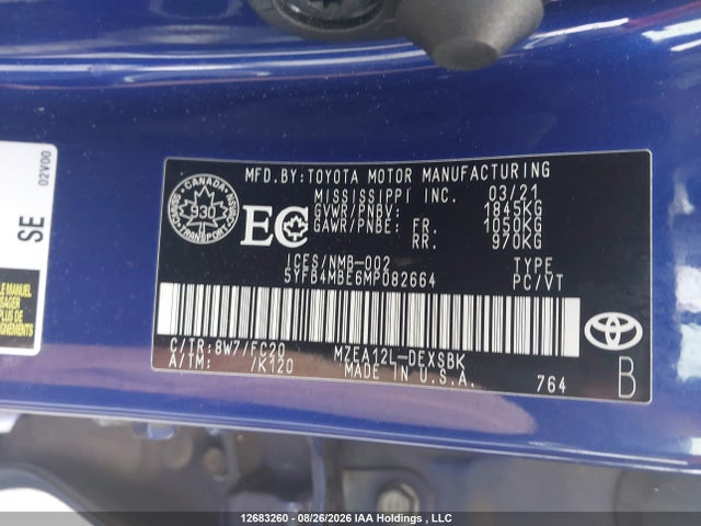 5YFB4MBE6MP082664 Toyota COROLLA SE