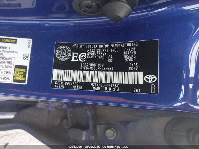 5YFB4MBE6MP082664 Toyota COROLLA SE