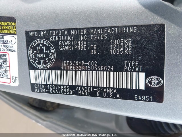 Auction sale of the 2005 Toyota Camry Le/se/std/xle, vin: 4T1BE32K15U558624, lot number: 12683269