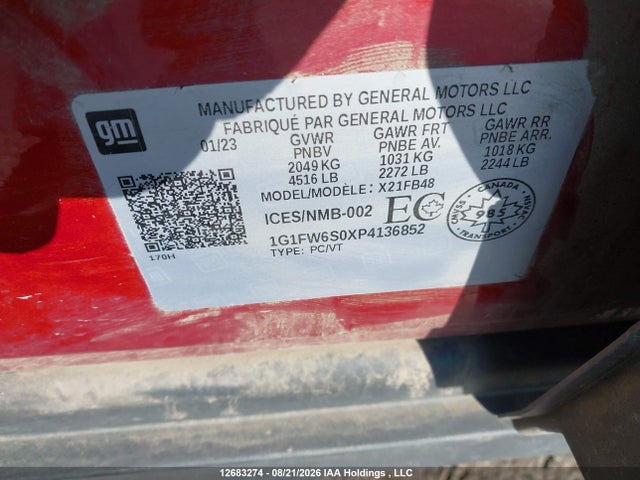 2023 Chevrolet Bolt Ev მანქანა იყიდება აუქციონზე, vin: 1G1FW6S0XP4136852, აუქციონის ნომერი: 12683274