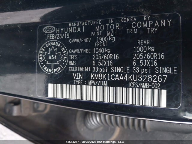 12683277 :رقم المزاد ، KM8K1CAA4KU328267 vin ، 2019 Hyundai Kona Essential 4p Ti مزاد بيع