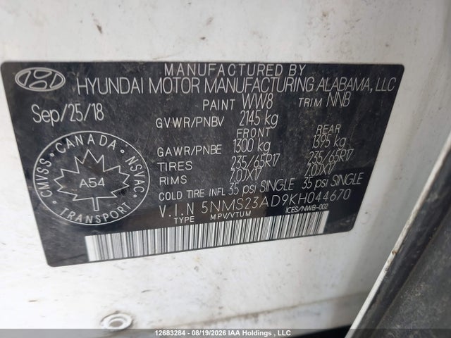 5NMS23AD9KH044670 Hyundai Santa Fe Essential