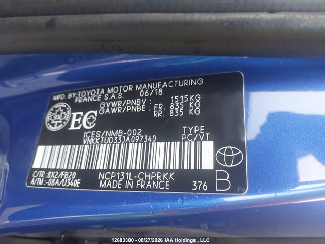 2018 Toyota Yaris L/le/se მანქანა იყიდება აუქციონზე, vin: VNKKTUD33JA097340, აუქციონის ნომერი: 12683300