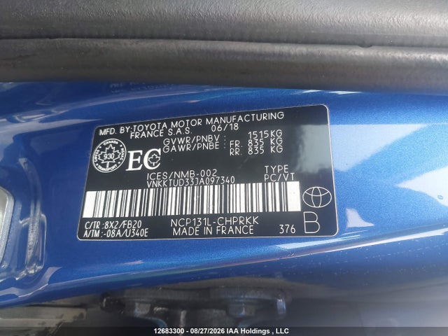 2018 Toyota Yaris L/le/se მანქანა იყიდება აუქციონზე, vin: VNKKTUD33JA097340, აუქციონის ნომერი: 12683300
