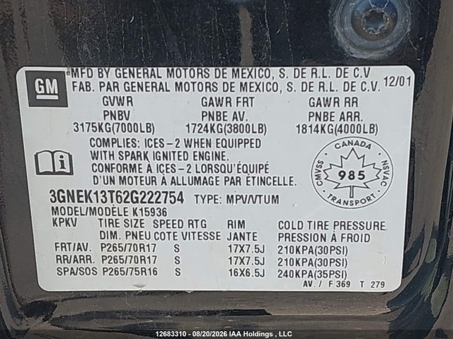 Продажа на аукционе авто 2002 Chevrolet Avalanche K1500, vin: 3GNEK13T62G222754, номер лота: 12683310