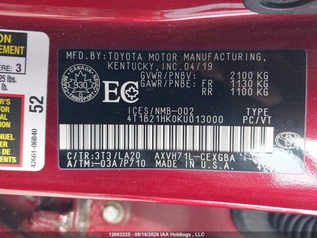 4T1B21HK0KU013000 Toyota Camry Hybrid Xle