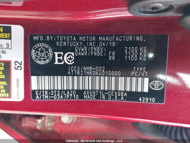 4T1B21HK0KU013000 Toyota Camry Hybrid Xle