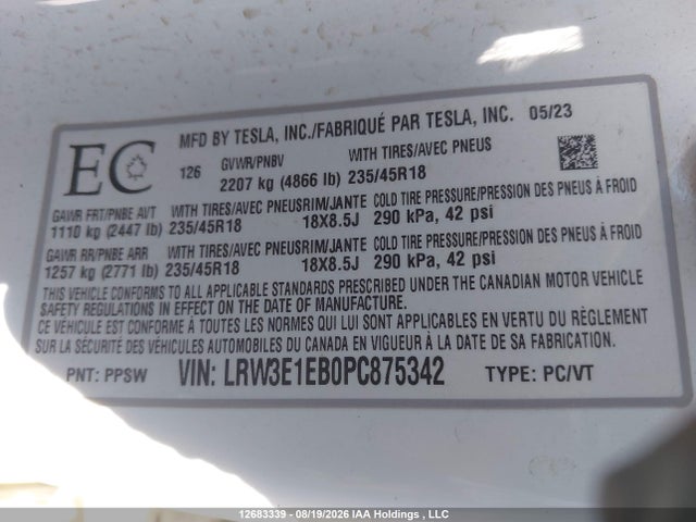 Tesla MODEL 3 2023 LRW3E1EB0PC875342 Image 19