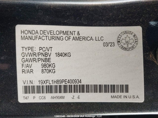 19XFL1H89PE400934 Honda Civic Sport/sport Touring/sport-b
