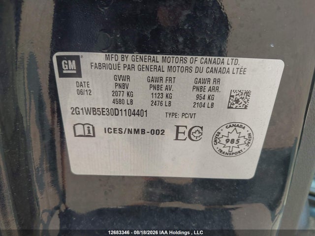 Продажа на аукционе авто 2013 Chevrolet Impala Lt, vin: 2G1WB5E30D1104401, номер лота: 12683346