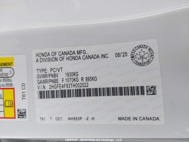 2HGFE4F83TH002522 Honda Civic