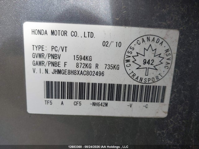 Продаж на аукціоні авто 2010 Honda Fit Sport, vin: JHMGE8H8XAC802496, номер лоту: 12683368