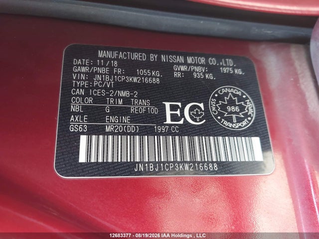 Aukcja sprzedaży 2019 Nissan Qashqai S/sv, vin: JN1BJ1CP3KW216688, numer aukcji: 12683377