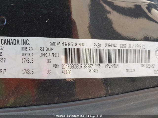 12683381 :رقم المزاد ، 2C4RDGCG3LR180887 vin ، 2020 Dodge Grand Caravan Premium Plus مزاد بيع