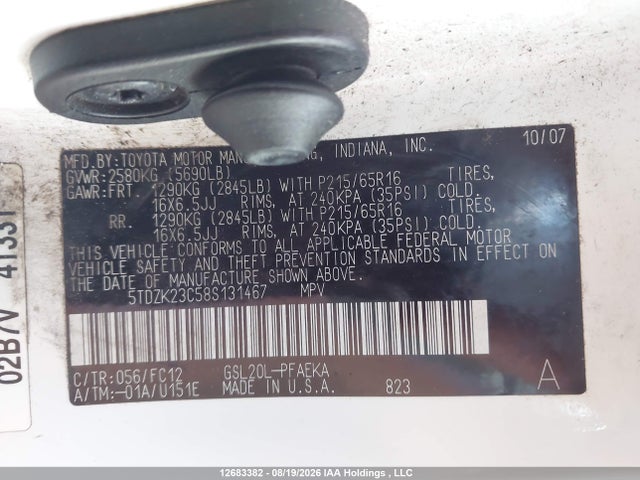 Aukcja sprzedaży 2008 Toyota Sienna Ce/le, vin: 5TDZK23C58S131467, numer aukcji: 12683382