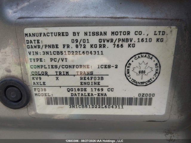 Aukcja sprzedaży 2002 Nissan Sentra Gxe, vin: 3N1CB51D22L604311, numer aukcji: 12683386