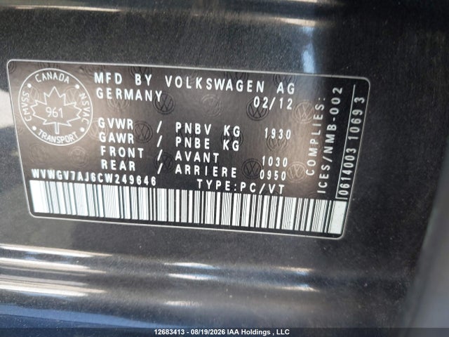 Aukcja sprzedaży 2012 Volkswagen Golf Gti 5-door, vin: WVWGV7AJ6CW249646, numer aukcji: 12683413