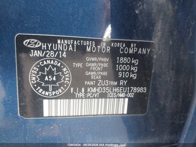 Auction sale of the 2014 Hyundai Elantra Gt, vin: KMHD35LH6EU178983, lot number: 12683424