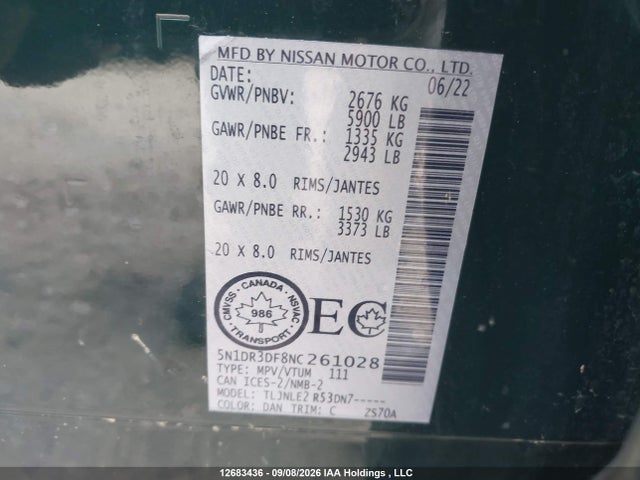 Продаж на аукціоні авто 2022 Nissan Pathfinder Platinum, vin: 5N1DR3DF8NC261028, номер лоту: 12683436