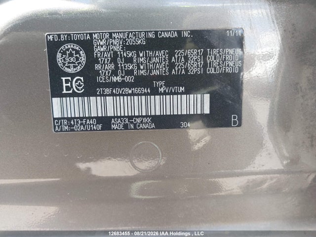 2011 Toyota Rav4 მანქანა იყიდება აუქციონზე, vin: 2T3BF4DV2BW166944, აუქციონის ნომერი: 12683455