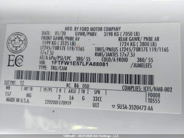 2020 Ford F150 Supercrew მანქანა იყიდება აუქციონზე, vin: 1FTFW1E57LFA88081, აუქციონის ნომერი: 12683461