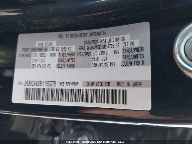 12683478 :رقم المزاد ، JM3KKDHD9S1189978 vin ، 2025 Mazda Cx-90 Mild Hybrid Inline 6 Turbo Gt مزاد بيع