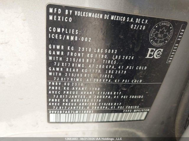 3VV2B7AX7LM118881 Volkswagen Tiguan Se/sel