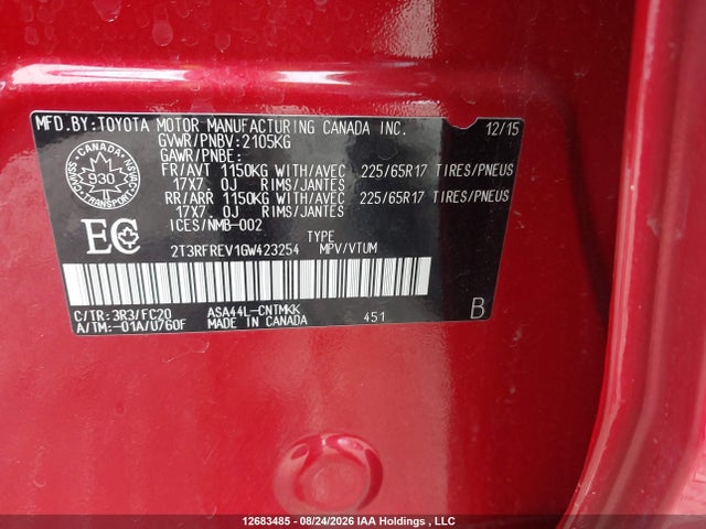 2T3RFREV1GW423254 Toyota Rav4 Xle