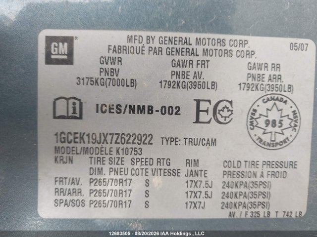 Продаж на аукціоні авто 2007 Chevrolet Silverado K1500, vin: 1GCEK19JX7Z622922, номер лоту: 12683505