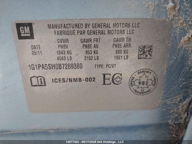 Aukcja sprzedaży 2011 Chevrolet Cruze Ls, vin: 1G1PA5SH0B7289380, numer aukcji: 12677423